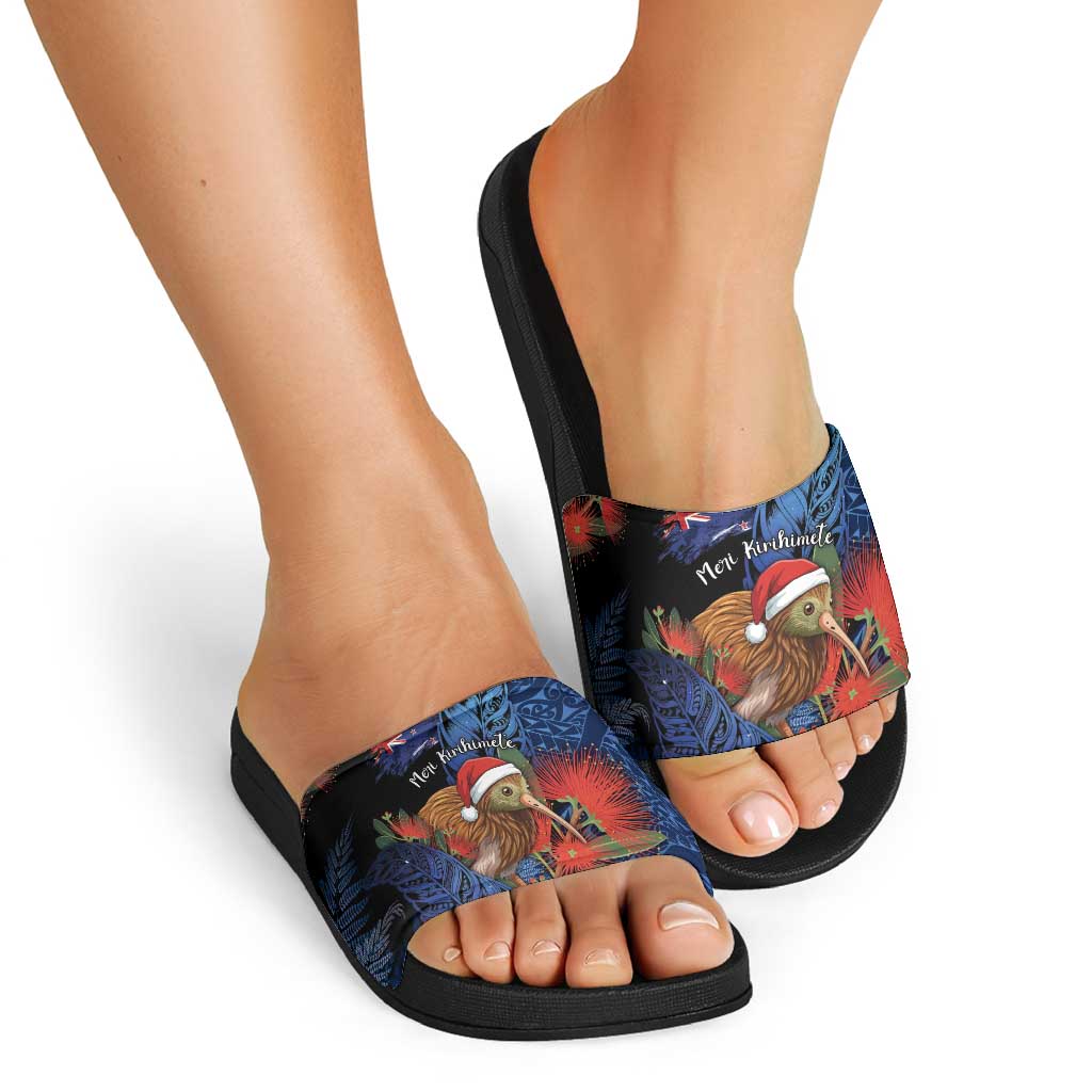 New Zealand Christmas Slide Sandals Santa Kiwi Bird With Pohutukawa Flowers - Polynesian Pride