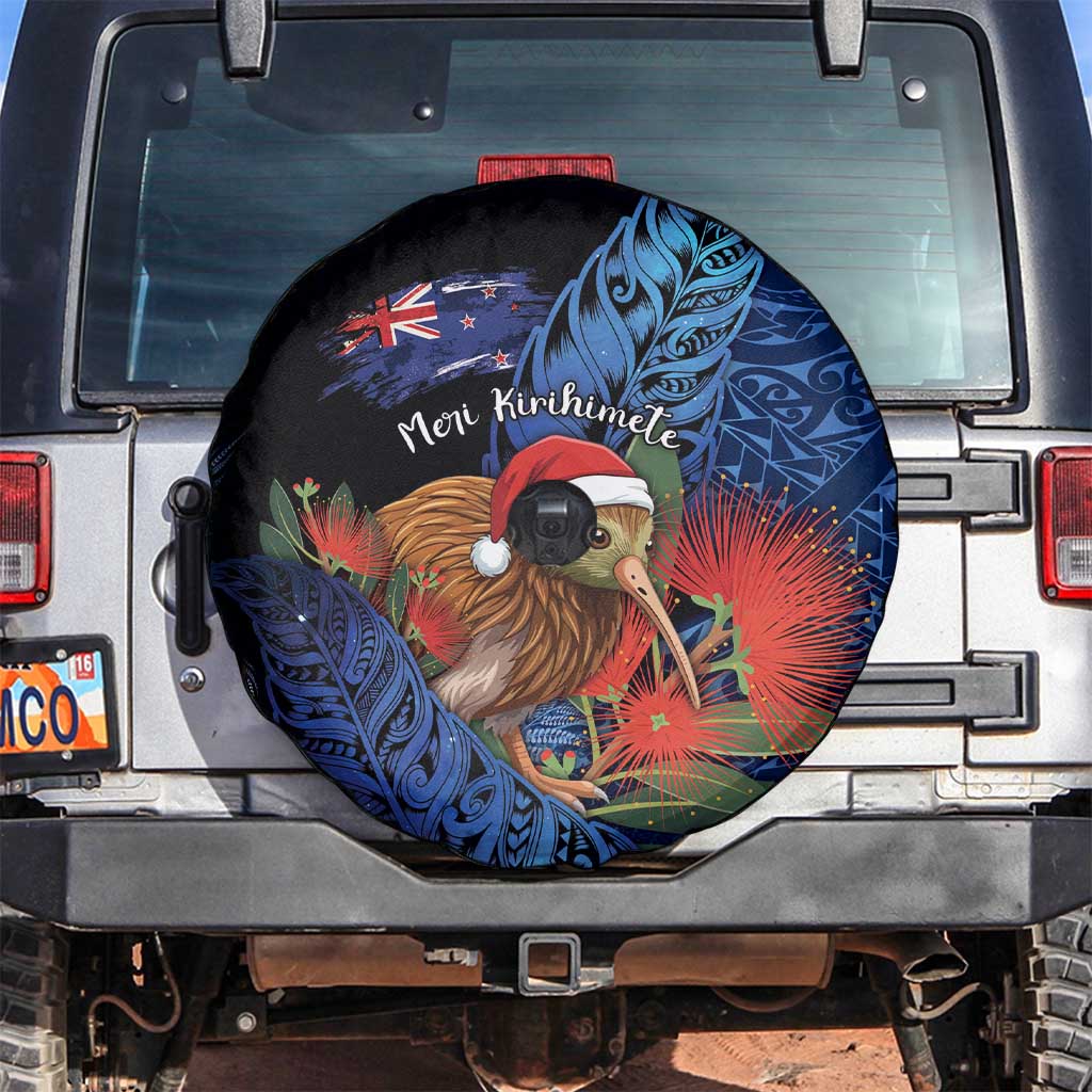 New Zealand Christmas Spare Tire Cover Santa Kiwi Bird With Pohutukawa Flowers DT05 Navy - Polynesian Pride