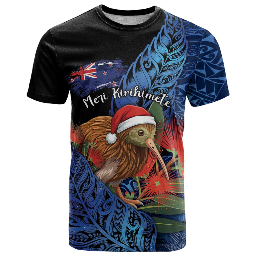 Personalised New Zealand Christmas T Shirt Santa Kiwi Bird With Pohutukawa Flowers DT05 Navy - Polynesian Pride