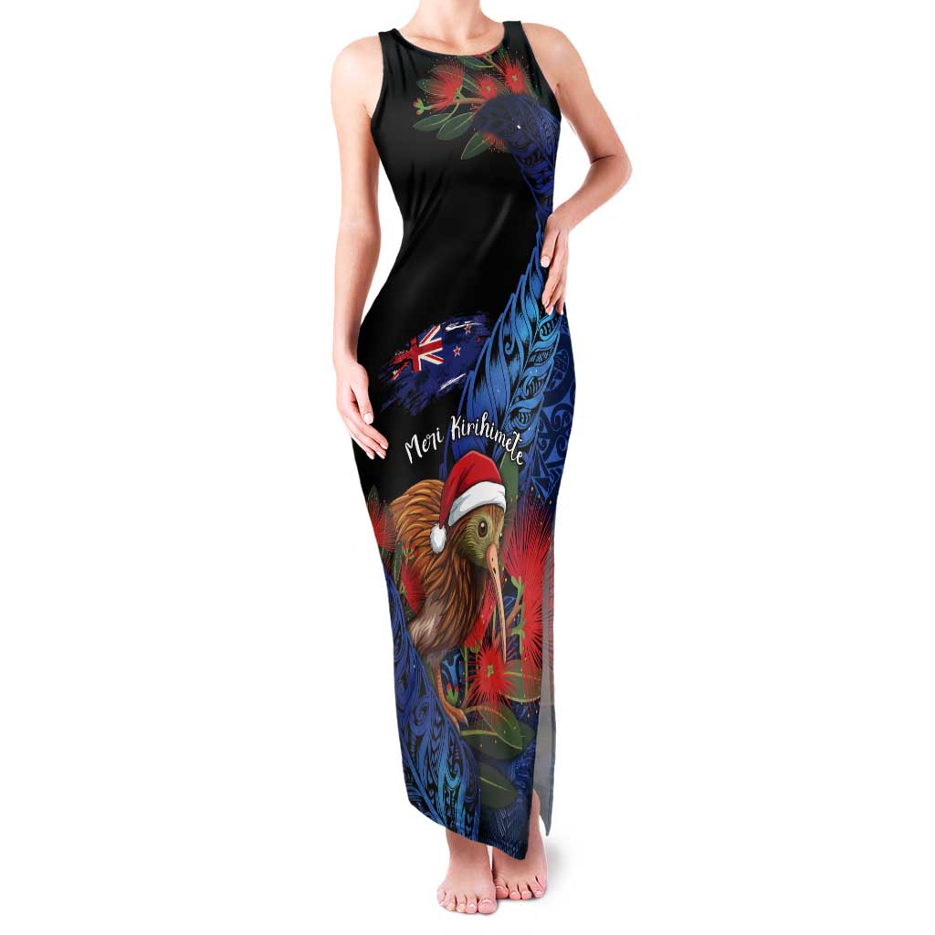 Personalised New Zealand Christmas Tank Maxi Dress Santa Kiwi Bird With Pohutukawa Flowers - Polynesian Pride