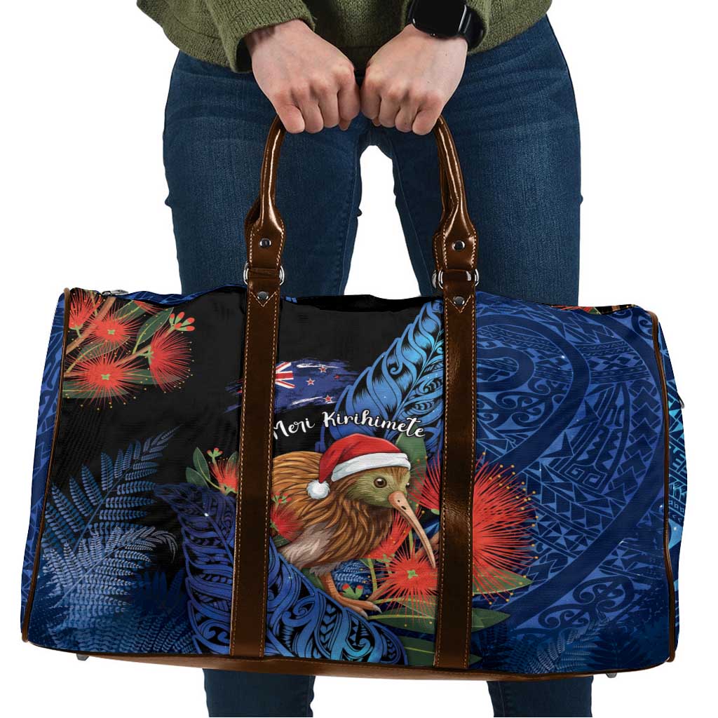 New Zealand Christmas Travel Bag Santa Kiwi Bird With Pohutukawa Flowers DT05 Navy - Polynesian Pride