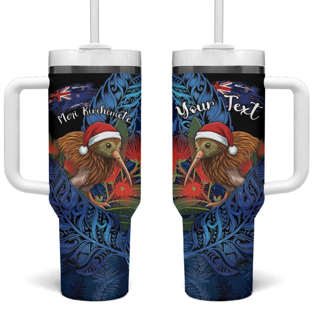 Personalised New Zealand Christmas Tumbler With Handle Santa Kiwi Bird With Pohutukawa Flowers DT05 One Size: 40 oz Navy - Polynesian Pride