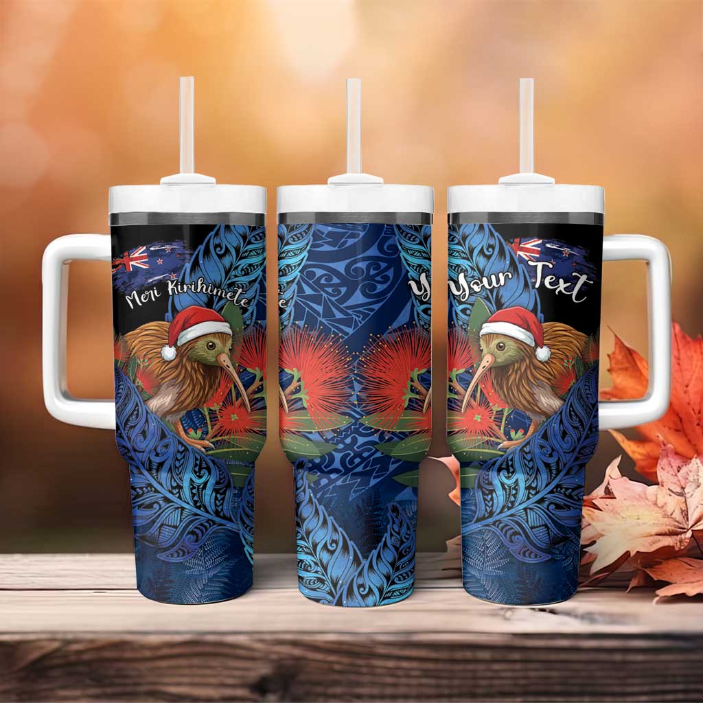 Personalised New Zealand Christmas Tumbler With Handle Santa Kiwi Bird With Pohutukawa Flowers DT05 - Polynesian Pride