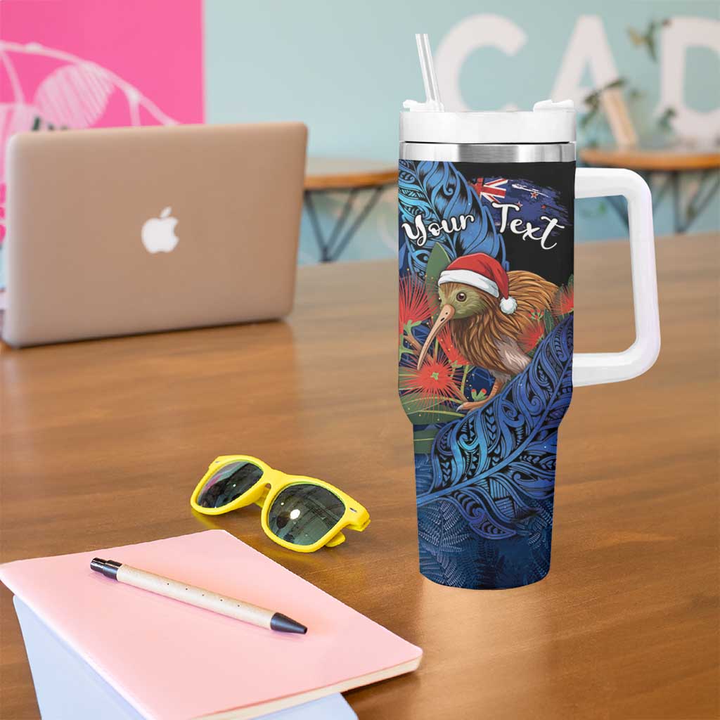 Personalised New Zealand Christmas Tumbler With Handle Santa Kiwi Bird With Pohutukawa Flowers DT05 - Polynesian Pride