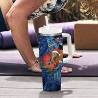 Personalised New Zealand Christmas Tumbler With Handle Santa Kiwi Bird With Pohutukawa Flowers DT05 - Polynesian Pride