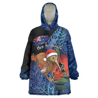 Personalised New Zealand Christmas Wearable Blanket Hoodie Santa Kiwi Bird With Pohutukawa Flowers DT05 One Size Navy - Polynesian Pride