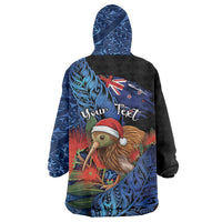 Personalised New Zealand Christmas Wearable Blanket Hoodie Santa Kiwi Bird With Pohutukawa Flowers DT05 - Polynesian Pride