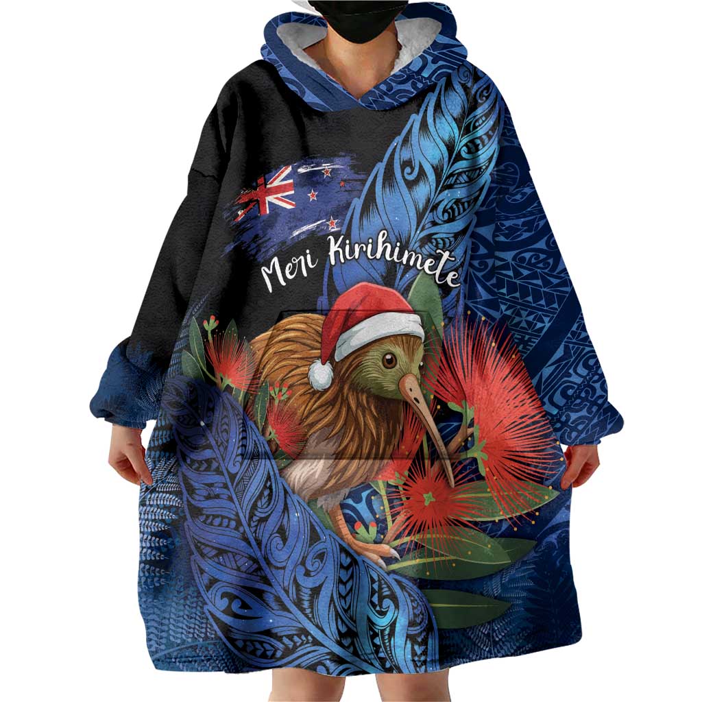 Personalised New Zealand Christmas Wearable Blanket Hoodie Santa Kiwi Bird With Pohutukawa Flowers DT05 - Polynesian Pride