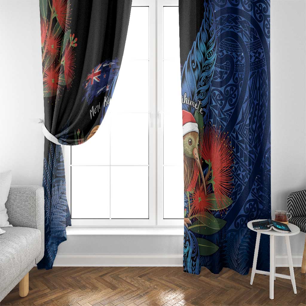 New Zealand Christmas Window Curtain Santa Kiwi Bird With Pohutukawa Flowers - Polynesian Pride