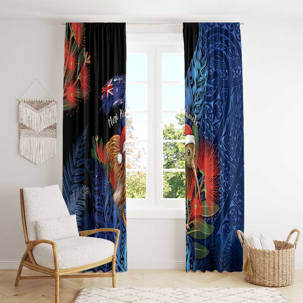 New Zealand Christmas Window Curtain Santa Kiwi Bird With Pohutukawa Flowers - Polynesian Pride