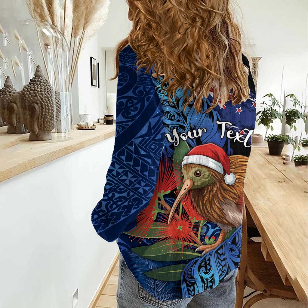 Personalised New Zealand Christmas Women Casual Shirt Santa Kiwi Bird With Pohutukawa Flowers DT05 - Polynesian Pride