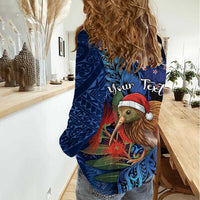 Personalised New Zealand Christmas Women Casual Shirt Santa Kiwi Bird With Pohutukawa Flowers DT05 - Polynesian Pride