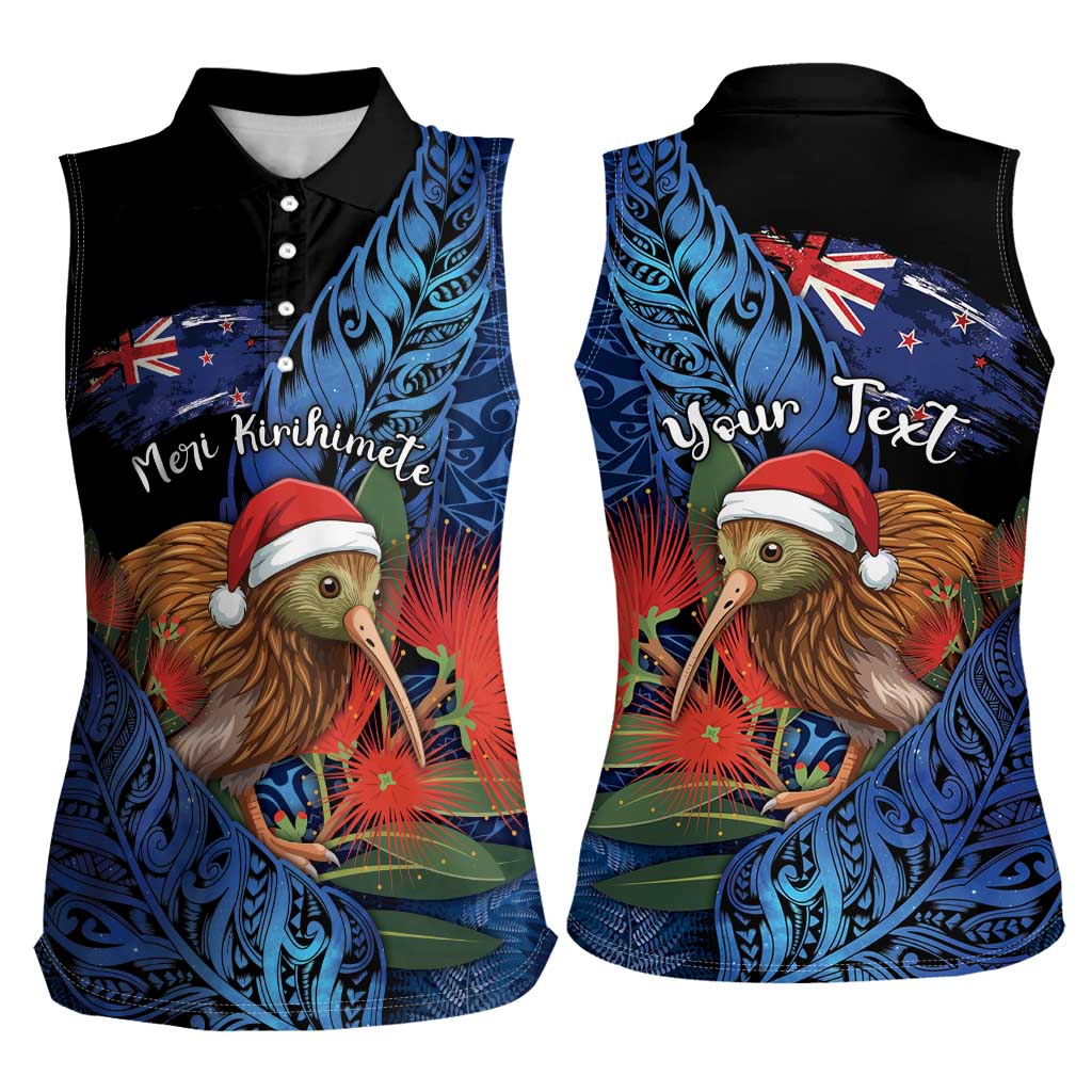 Personalised New Zealand Christmas Women Sleeveless Polo Shirt Santa Kiwi Bird With Pohutukawa Flowers DT05 - Polynesian Pride