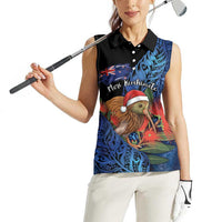 Personalised New Zealand Christmas Women Sleeveless Polo Shirt Santa Kiwi Bird With Pohutukawa Flowers DT05 - Polynesian Pride