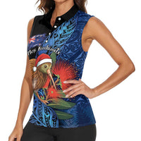 Personalised New Zealand Christmas Women Sleeveless Polo Shirt Santa Kiwi Bird With Pohutukawa Flowers DT05 - Polynesian Pride