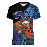 Personalised New Zealand Christmas Women V-Neck T-Shirt Santa Kiwi Bird With Pohutukawa Flowers DT05 Female Navy - Polynesian Pride