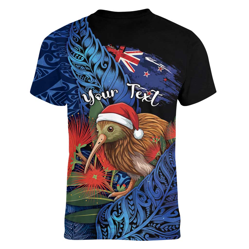 Personalised New Zealand Christmas Women V-Neck T-Shirt Santa Kiwi Bird With Pohutukawa Flowers DT05 - Polynesian Pride