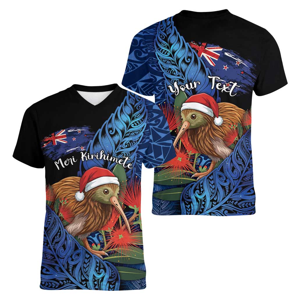 Personalised New Zealand Christmas Women V-Neck T-Shirt Santa Kiwi Bird With Pohutukawa Flowers DT05 - Polynesian Pride