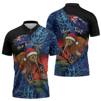 Personalised New Zealand Christmas Zipper Polo Shirt Santa Kiwi Bird With Pohutukawa Flowers DT05 - Polynesian Pride