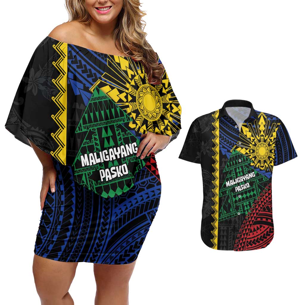 Personalised Philippines Christmas Couples Matching Off Shoulder Short Dress and Hawaiian Shirt Xmas Tree Filipino Tribal Patterns DT05 Black - Polynesian Pride