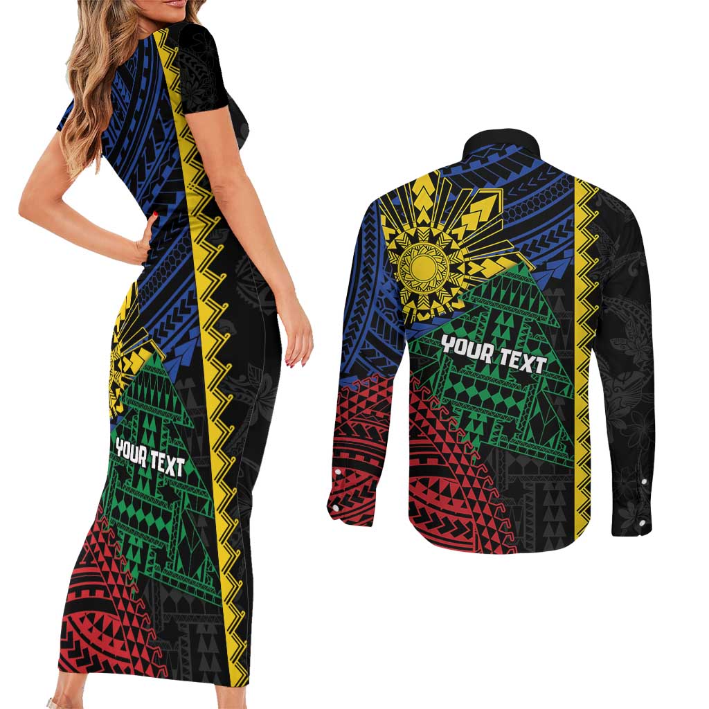 Personalised Philippines Christmas Couples Matching Short Sleeve Bodycon Dress and Long Sleeve Button Shirt Xmas Tree Filipino Tribal Patterns - Polynesian Pride