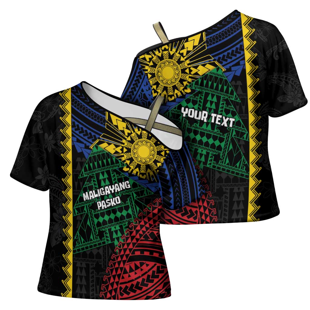 Personalised Philippines Christmas Cross Shoulder Shirt Xmas Tree Filipino Tribal Patterns - Polynesian Pride