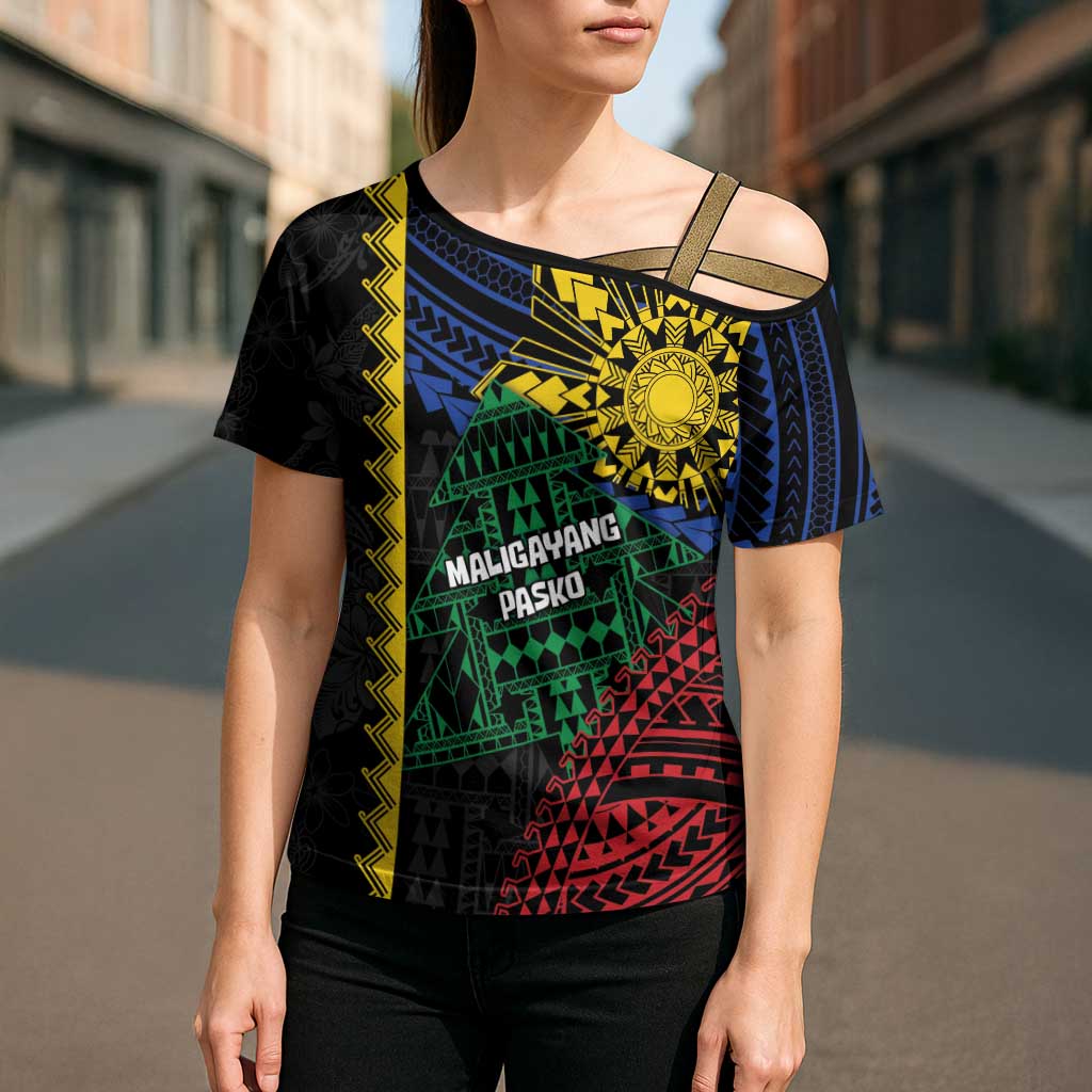 Personalised Philippines Christmas Cross Shoulder Shirt Xmas Tree Filipino Tribal Patterns - Polynesian Pride
