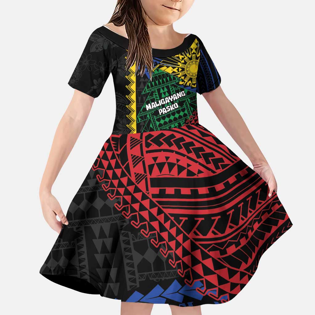 Personalised Philippines Christmas Family Matching Off The Shoulder Long Sleeve Dress and Hawaiian Shirt Xmas Tree Filipino Tribal Patterns DT05 Daughter's Dress Black - Polynesian Pride