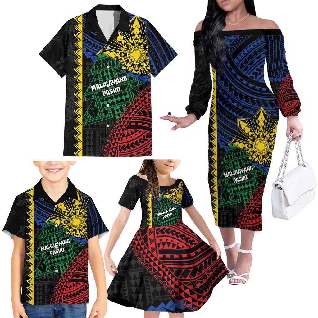 Personalised Philippines Christmas Family Matching Off The Shoulder Long Sleeve Dress and Hawaiian Shirt Xmas Tree Filipino Tribal Patterns - Polynesian Pride