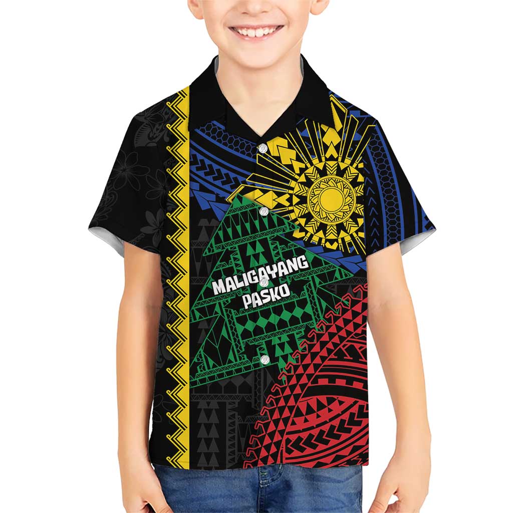 Personalised Philippines Christmas Family Matching Off The Shoulder Long Sleeve Dress and Hawaiian Shirt Xmas Tree Filipino Tribal Patterns DT05 Son's Shirt Black - Polynesian Pride