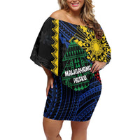 Personalised Philippines Christmas Family Matching Off Shoulder Short Dress and Hawaiian Shirt Xmas Tree Filipino Tribal Patterns DT05 Mom's Dress Black - Polynesian Pride