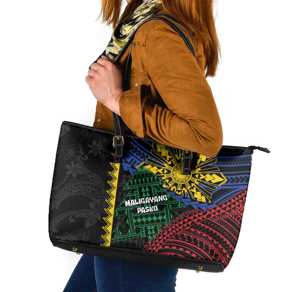 Philippines Christmas Leather Tote Bag Xmas Tree Filipino Tribal Patterns - Polynesian Pride
