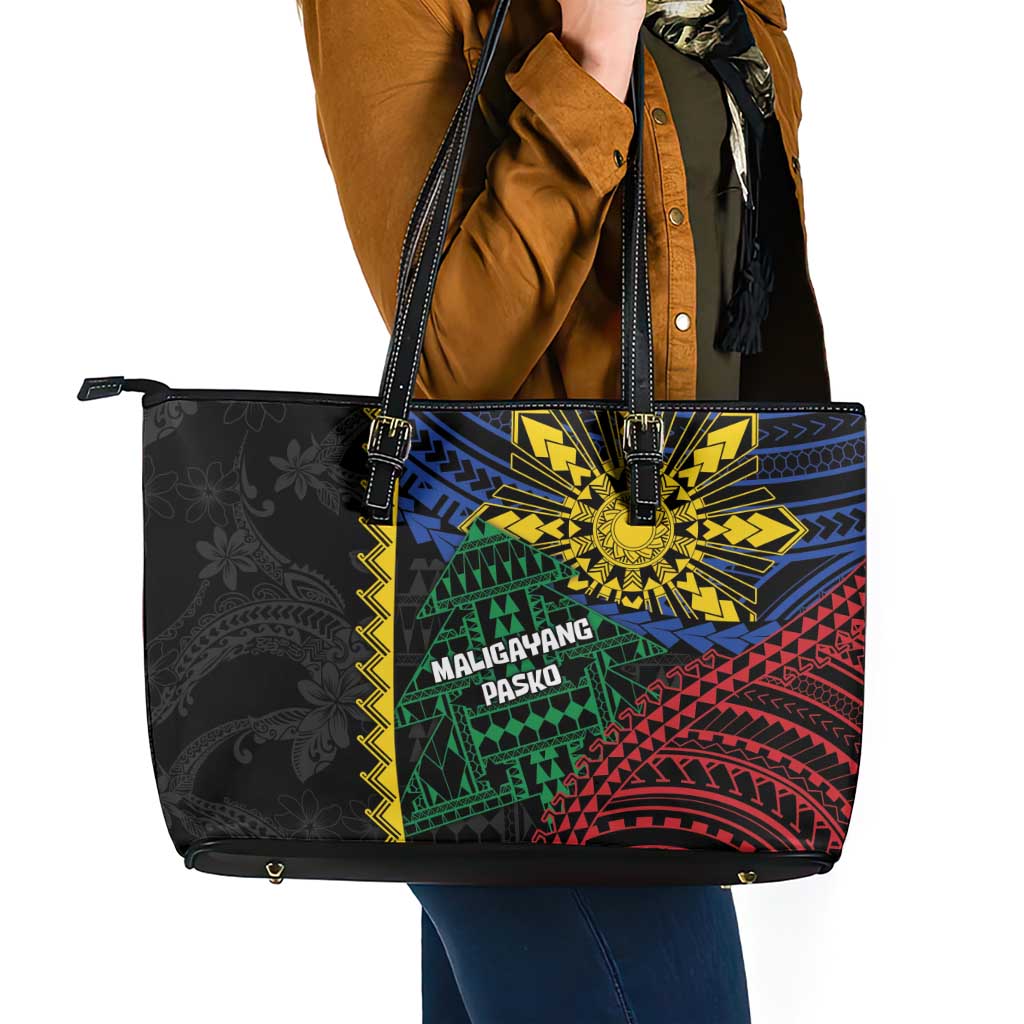 Philippines Christmas Leather Tote Bag Xmas Tree Filipino Tribal Patterns - Polynesian Pride