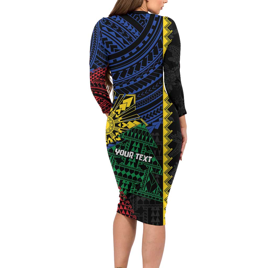 Personalised Philippines Christmas Long Sleeve Bodycon Dress Xmas Tree Filipino Tribal Patterns - Polynesian Pride