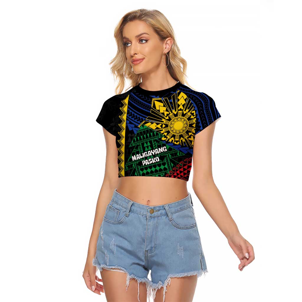 Personalised Philippines Christmas Raglan Cropped T Shirt Xmas Tree Filipino Tribal Patterns - Polynesian Pride