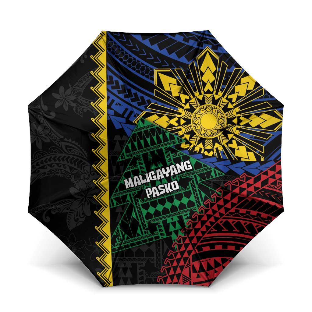 Philippines Christmas Umbrella Xmas Tree Filipino Tribal Patterns DT05 One Size Folded 11.42 inch Opened Diameter 37.4 inch Black - Polynesian Pride
