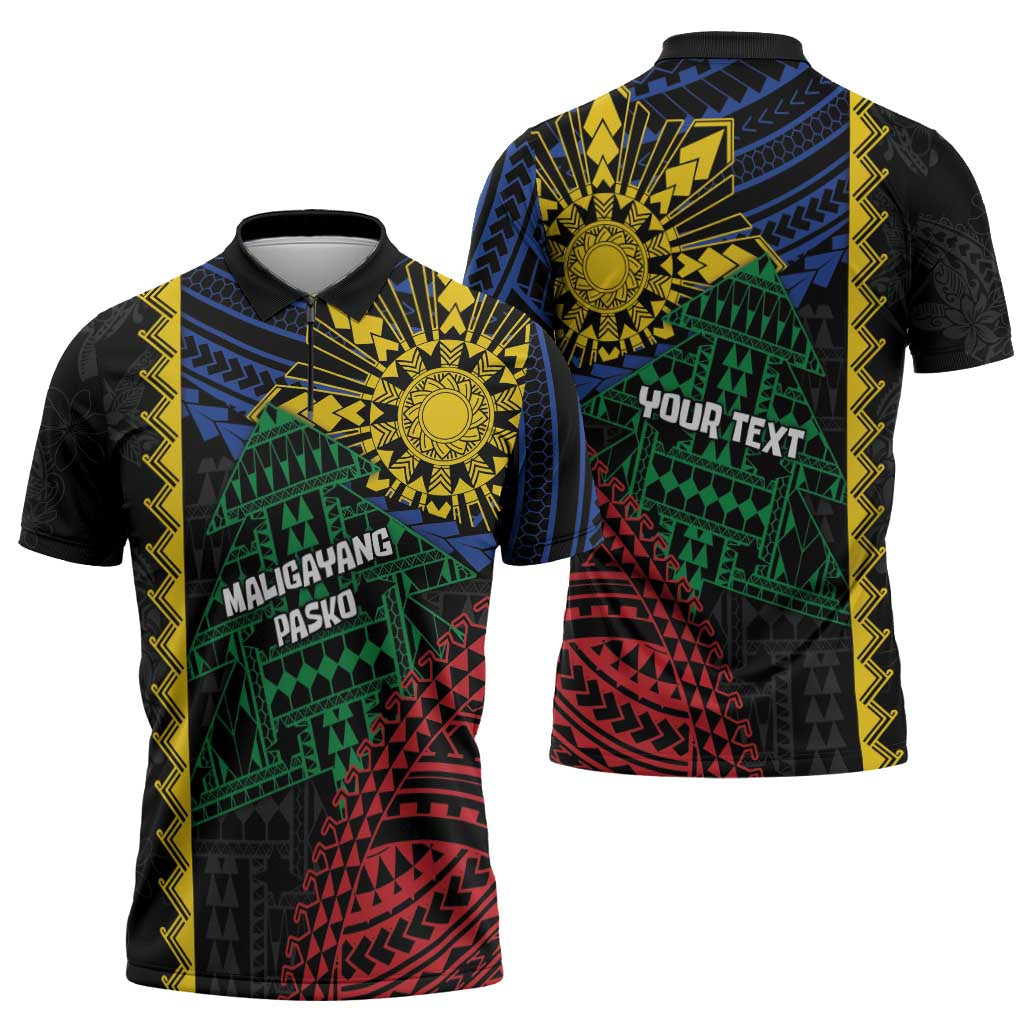 Personalised Philippines Christmas Zipper Polo Shirt Xmas Tree Filipino Tribal Patterns - Polynesian Pride