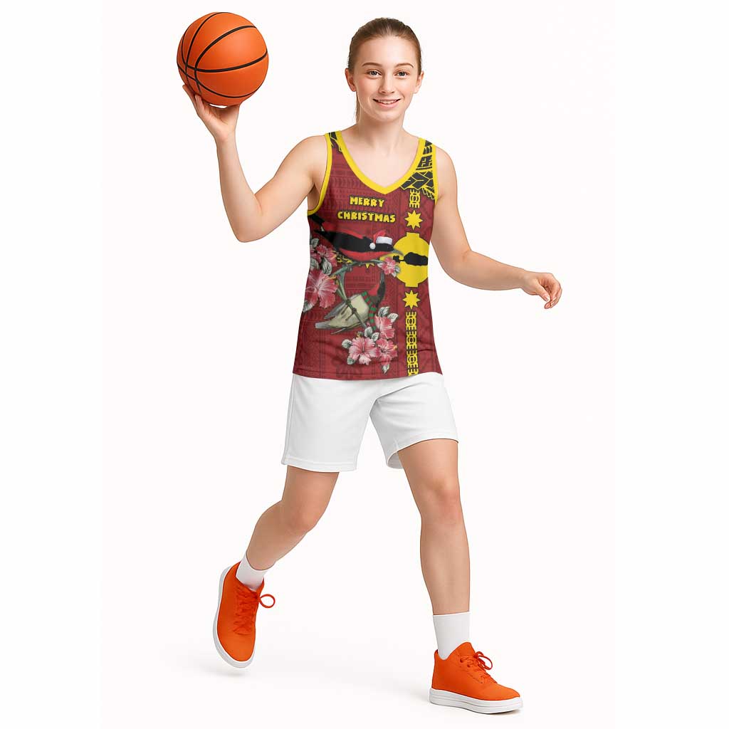 Rotuma Christmas Basketball Jersey Rotuma Myzomela Birds With Hibiscus Flowers - Polynesian Pride
