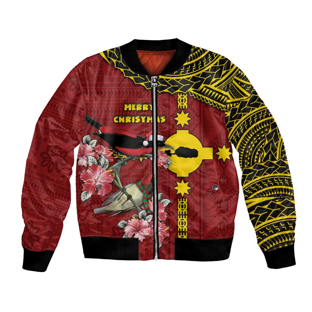 Rotuma Christmas Bomber Jacket Rotuma Myzomela Birds With Hibiscus Flowers DT05 Unisex Red - Polynesian Pride