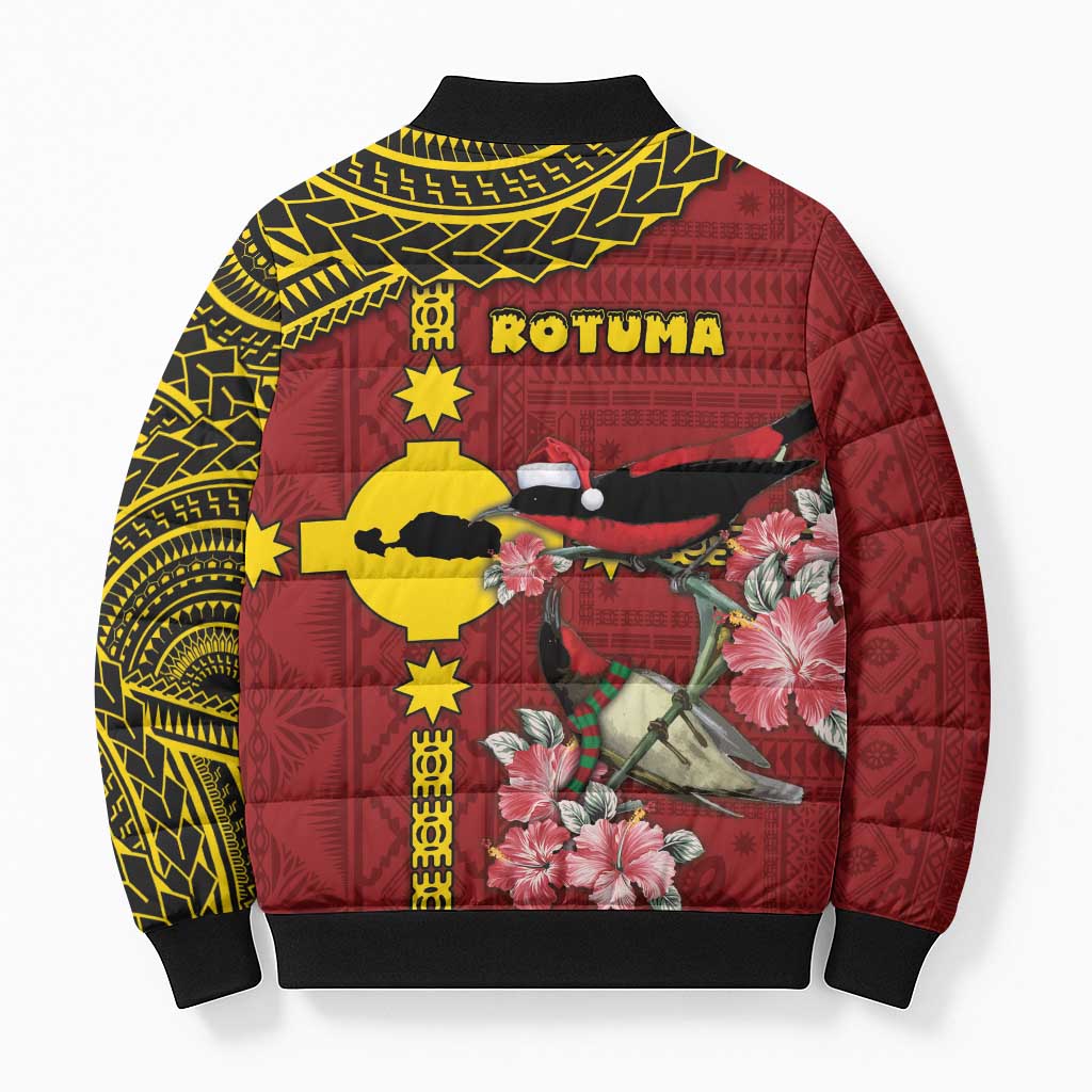 Rotuma Christmas Bomber Puffer Jacket Rotuma Myzomela Birds With Hibiscus Flowers DT05 - Polynesian Pride