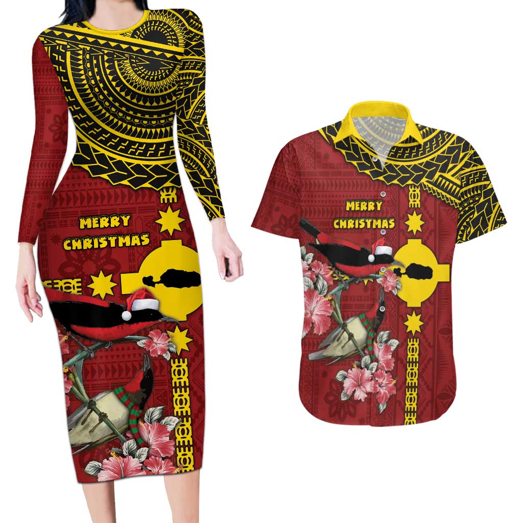 Rotuma Christmas Couples Matching Long Sleeve Bodycon Dress and Hawaiian Shirt Rotuma Myzomela Birds With Hibiscus Flowers DT05 Red - Polynesian Pride