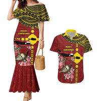 Rotuma Christmas Couples Matching Mermaid Dress and Hawaiian Shirt Rotuma Myzomela Birds With Hibiscus Flowers DT05 Red - Polynesian Pride