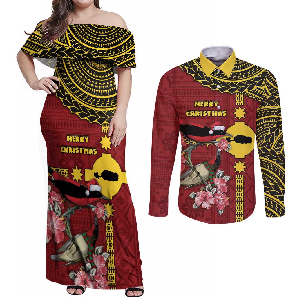 Rotuma Christmas Couples Matching Off Shoulder Maxi Dress and Long Sleeve Button Shirt Rotuma Myzomela Birds With Hibiscus Flowers DT05 Red - Polynesian Pride