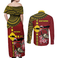Rotuma Christmas Couples Matching Off Shoulder Maxi Dress and Long Sleeve Button Shirt Rotuma Myzomela Birds With Hibiscus Flowers DT05 - Polynesian Pride