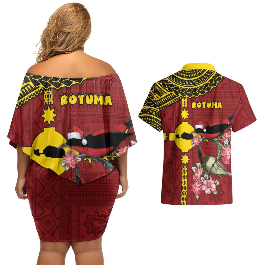 Rotuma Christmas Couples Matching Off Shoulder Short Dress and Hawaiian Shirt Rotuma Myzomela Birds With Hibiscus Flowers DT05 - Polynesian Pride