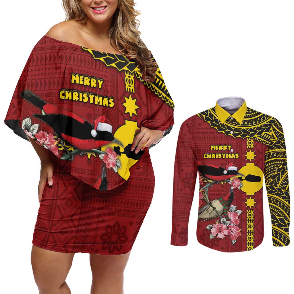 Rotuma Christmas Couples Matching Off Shoulder Short Dress and Long Sleeve Button Shirt Rotuma Myzomela Birds With Hibiscus Flowers DT05 Red - Polynesian Pride