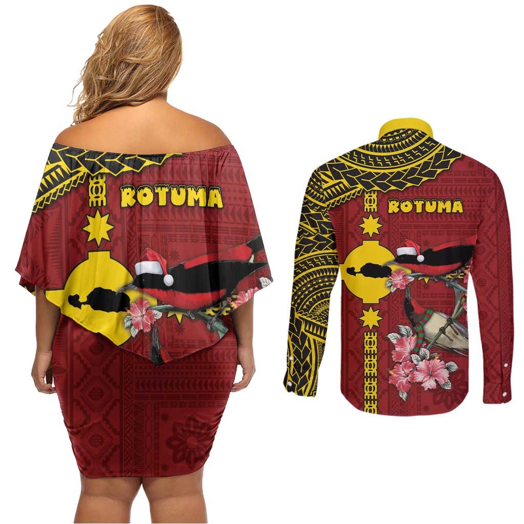 Rotuma Christmas Couples Matching Off Shoulder Short Dress and Long Sleeve Button Shirt Rotuma Myzomela Birds With Hibiscus Flowers DT05 - Polynesian Pride