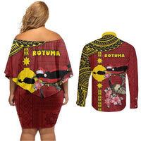 Rotuma Christmas Couples Matching Off Shoulder Short Dress and Long Sleeve Button Shirt Rotuma Myzomela Birds With Hibiscus Flowers DT05 - Polynesian Pride