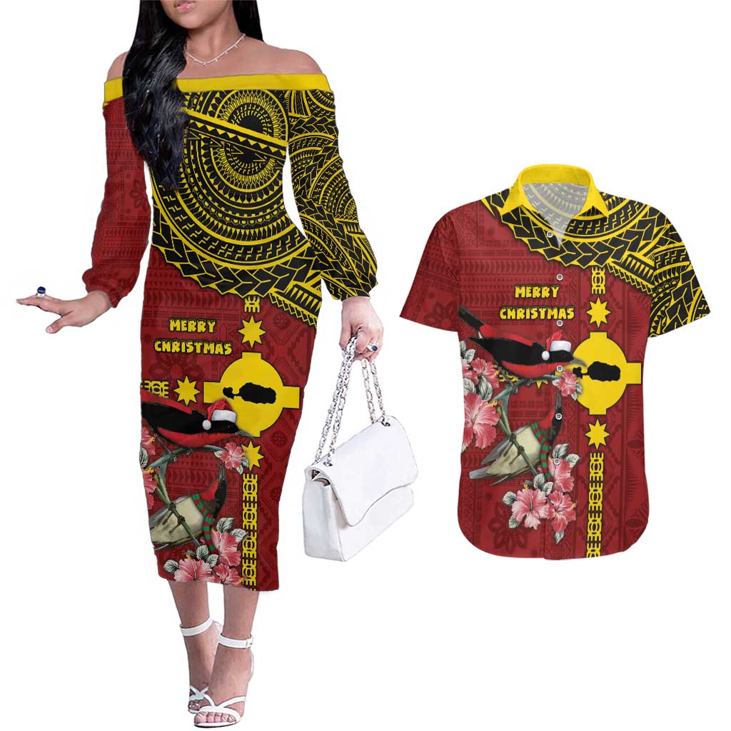 Rotuma Christmas Couples Matching Off The Shoulder Long Sleeve Dress and Hawaiian Shirt Rotuma Myzomela Birds With Hibiscus Flowers DT05 Red - Polynesian Pride