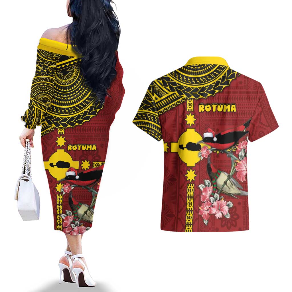 Rotuma Christmas Couples Matching Off The Shoulder Long Sleeve Dress and Hawaiian Shirt Rotuma Myzomela Birds With Hibiscus Flowers DT05 - Polynesian Pride